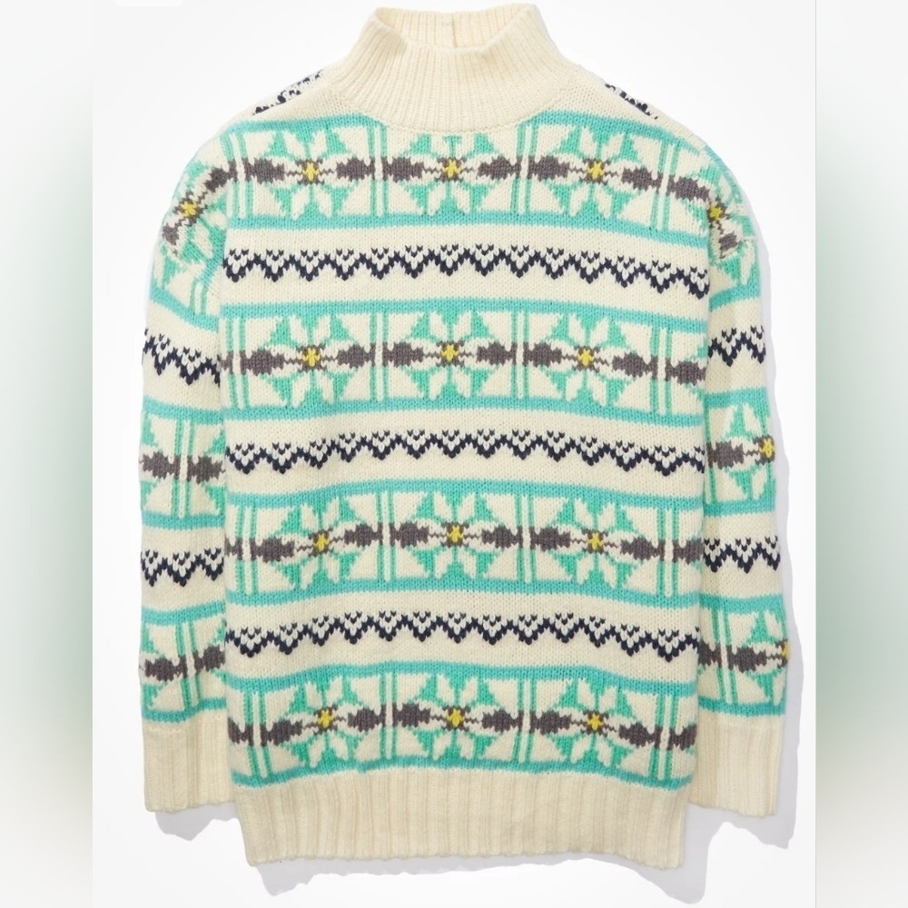 American Eagle Outfitters Mint and Cream Patterned Sweater EUC Medium PTP 27 - Picture 4 of 8